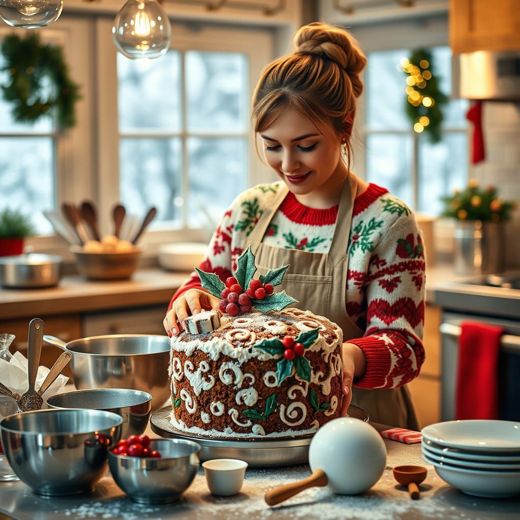 Realistic Festive Kitchen Scene with Christmas Cake