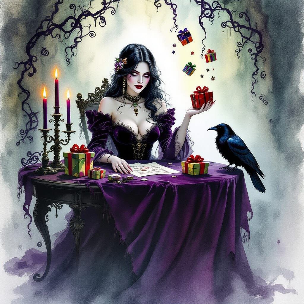 Dark Witch Presides Over Ethereal Gifts in Candlelit Chamber