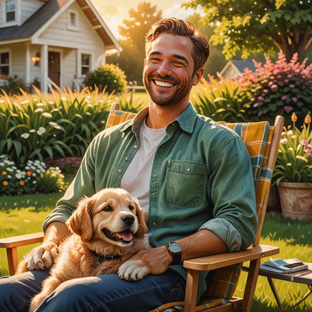 Man Petting Dog in Sunny Backyard: Vibrant Digital Art