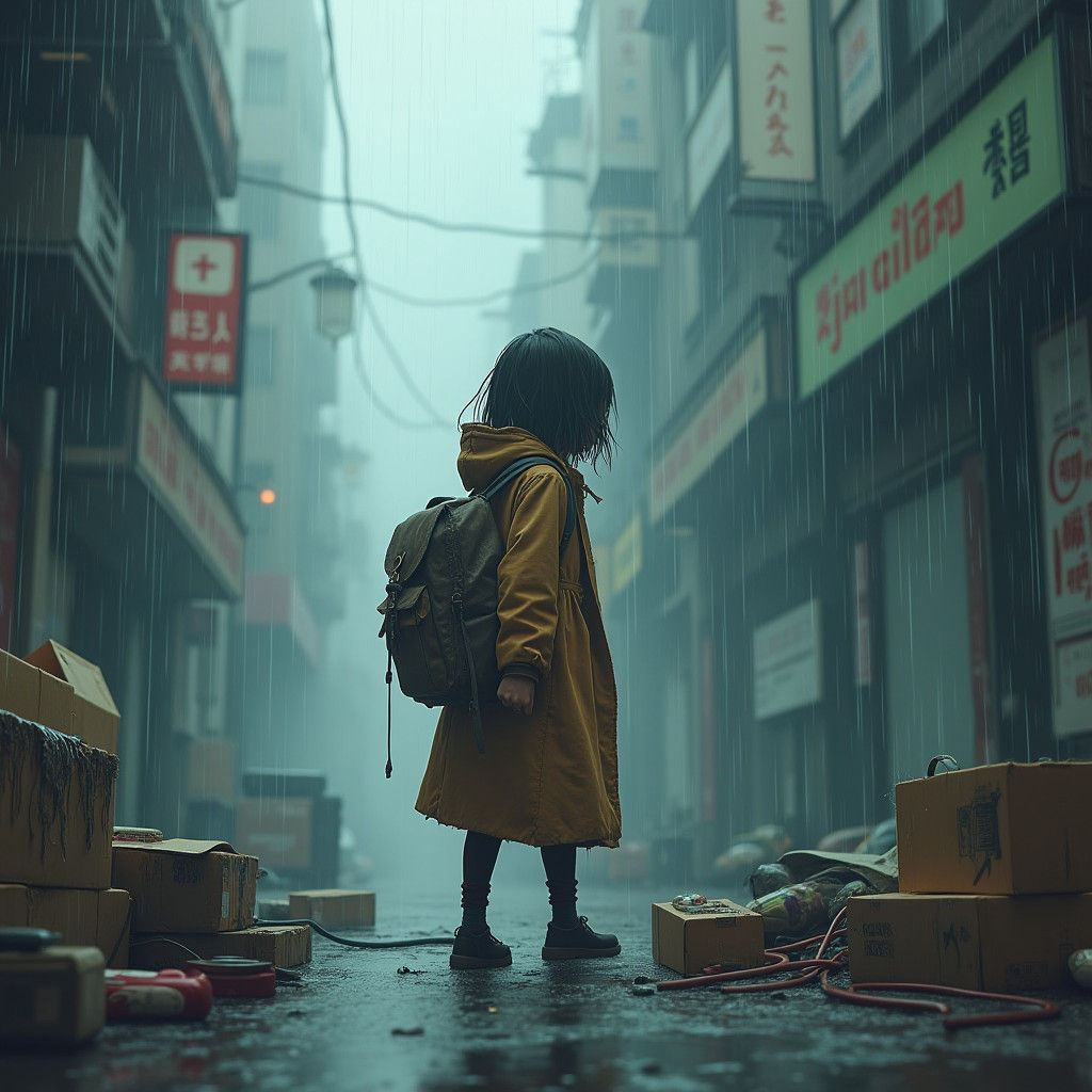 Girl Alone in Rain-Soaked Cityscape: Hyper-Detailed Render