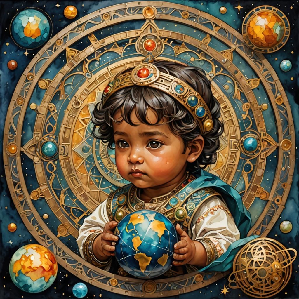 Contemplative Baby with Sacred Geometry Planet
