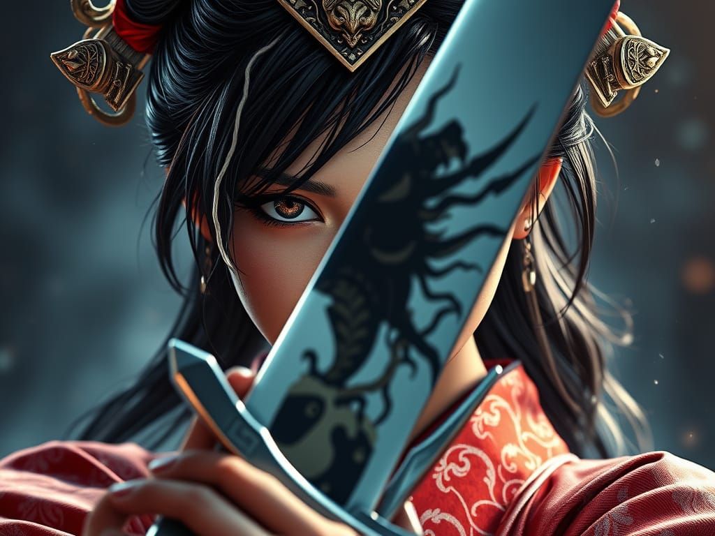 Ethereal Japanese Warrior in Ancient Demon Reflection