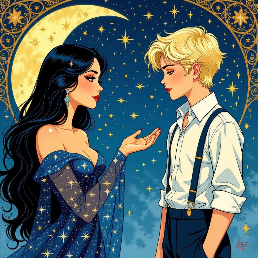 Erté Style Drawing of Night and Day Personified