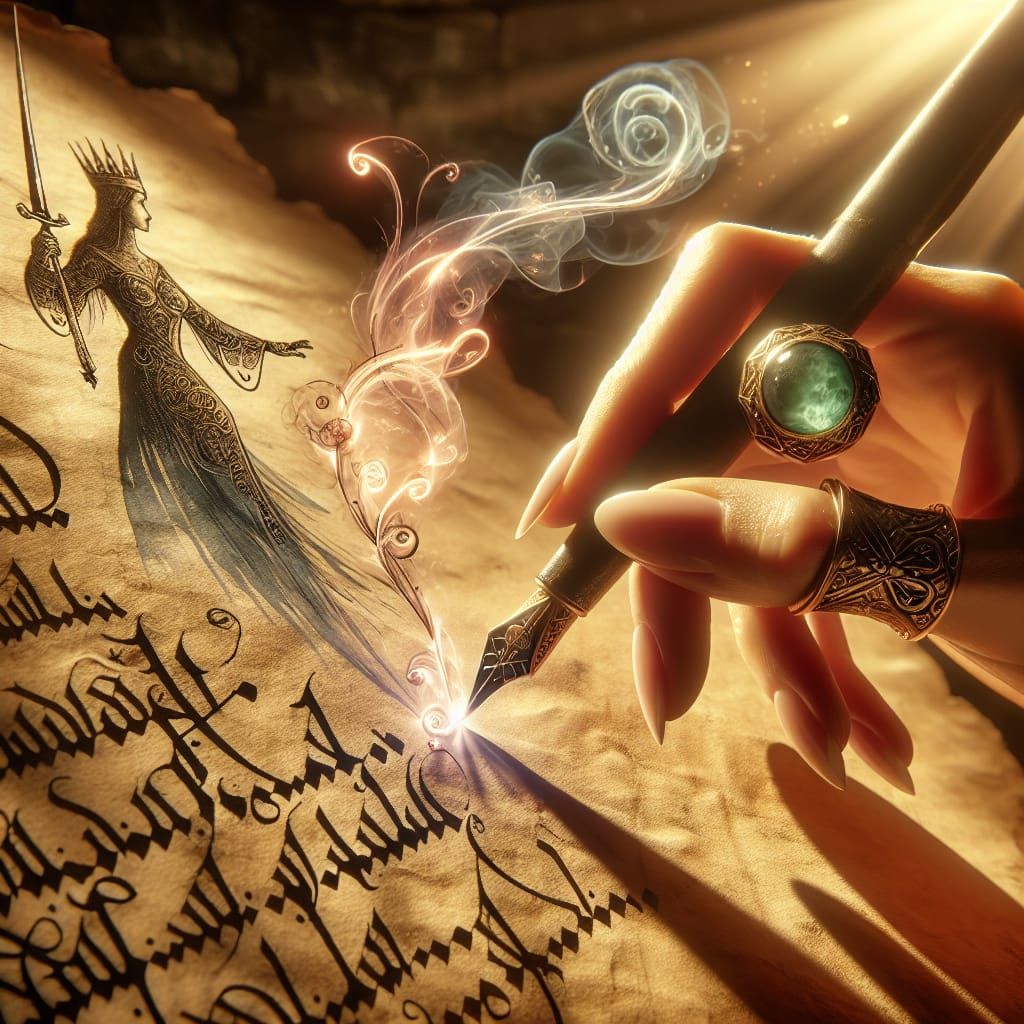 Hand Drawing Knight with Pen Emitting Spectral Ray