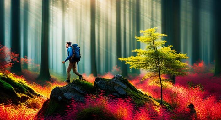 Man Hiking in Sunny Forest: Professional Photography