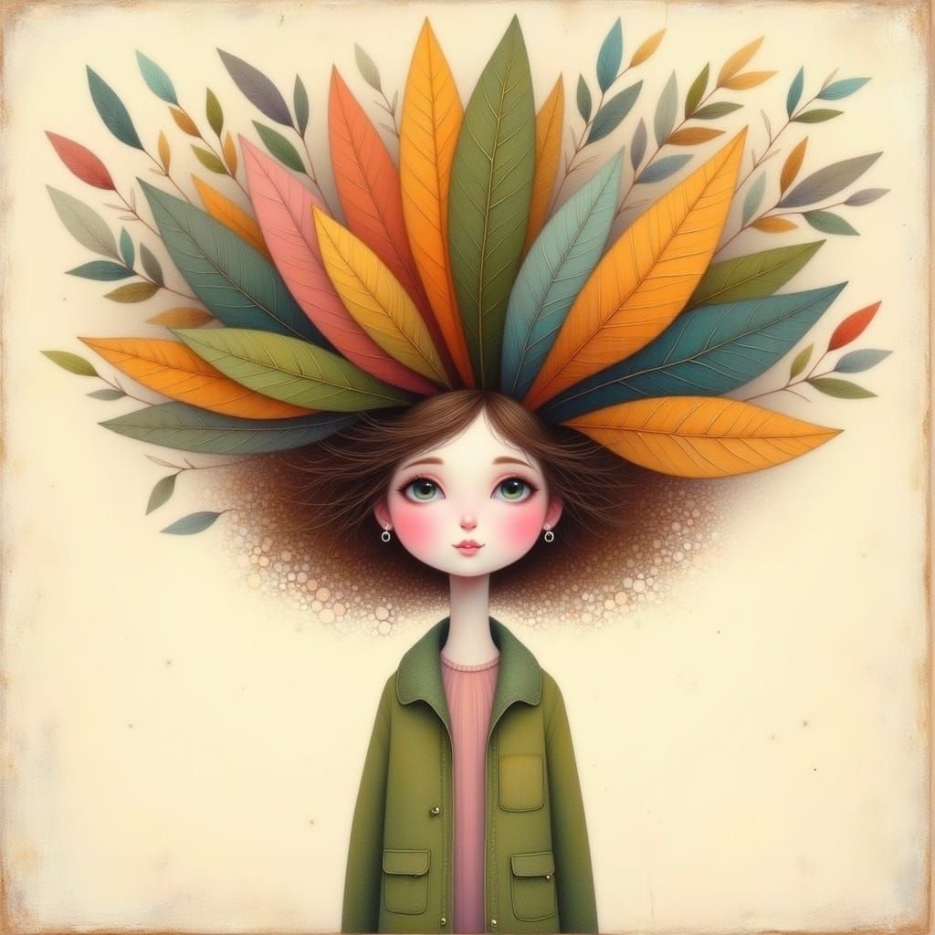 Whimsical Girl with Leaf Hair in Muted Landscape