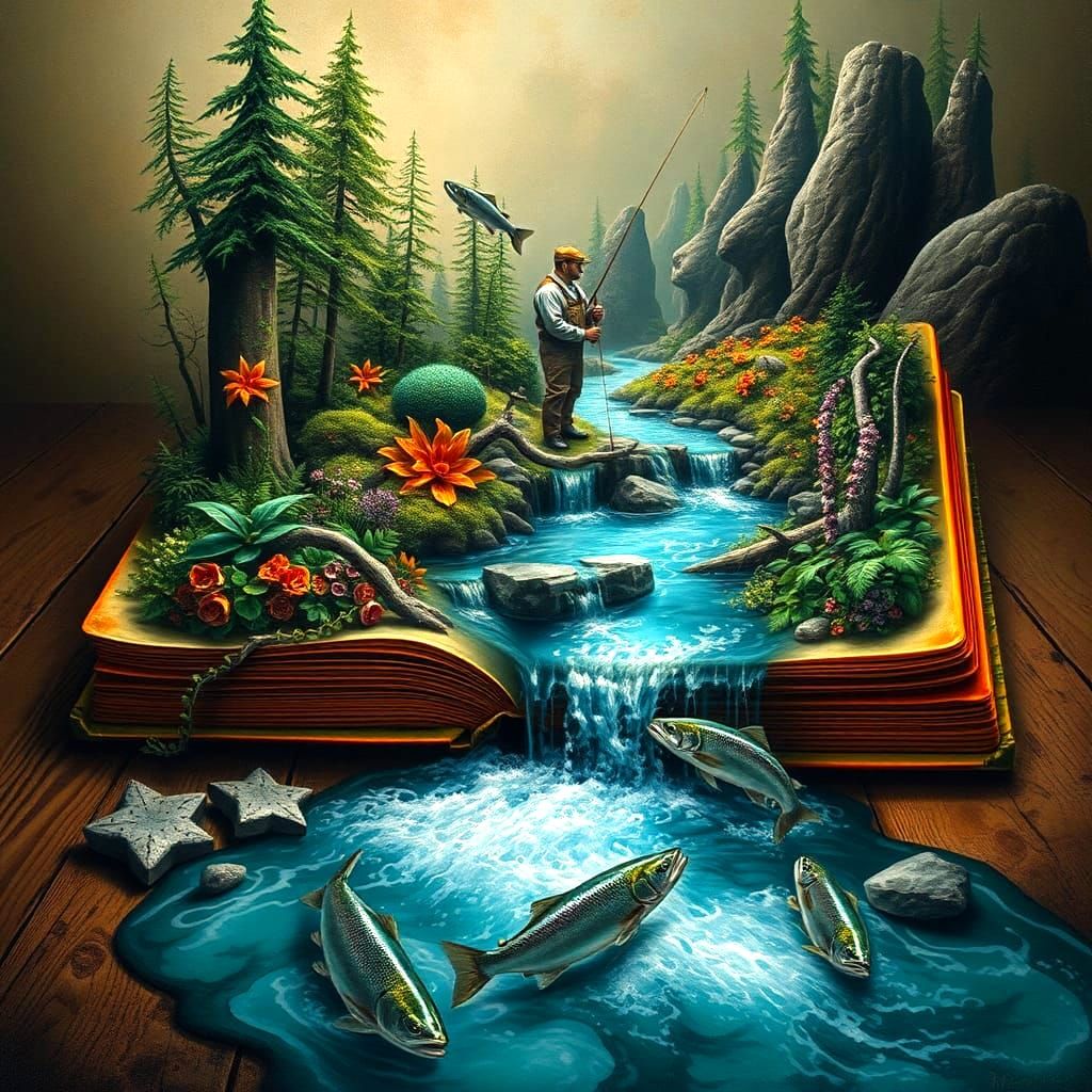 Surreal Salmon Fishing Scene as Oil Painting