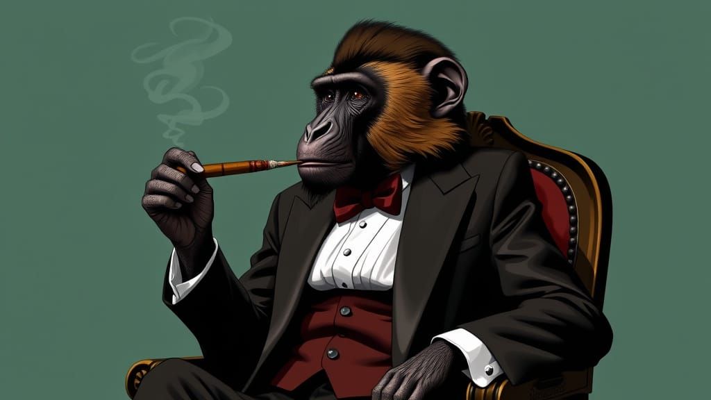 Sophisticated Baboon in Tuxedo Puffs on Cigar