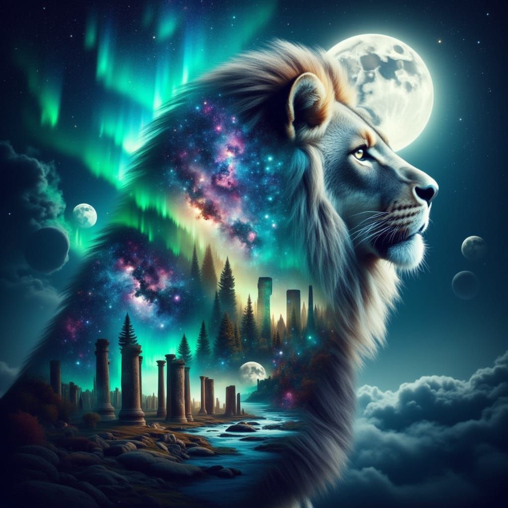 Majestic Lion Double Exposure with Cosmic Nebula