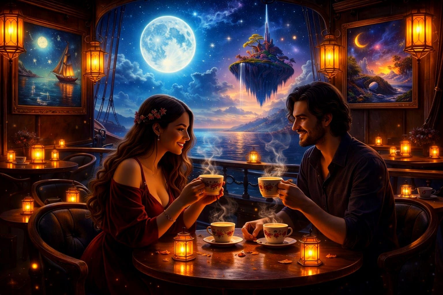 Magical Coffee Ship Scene with Couple and Fantasy Art