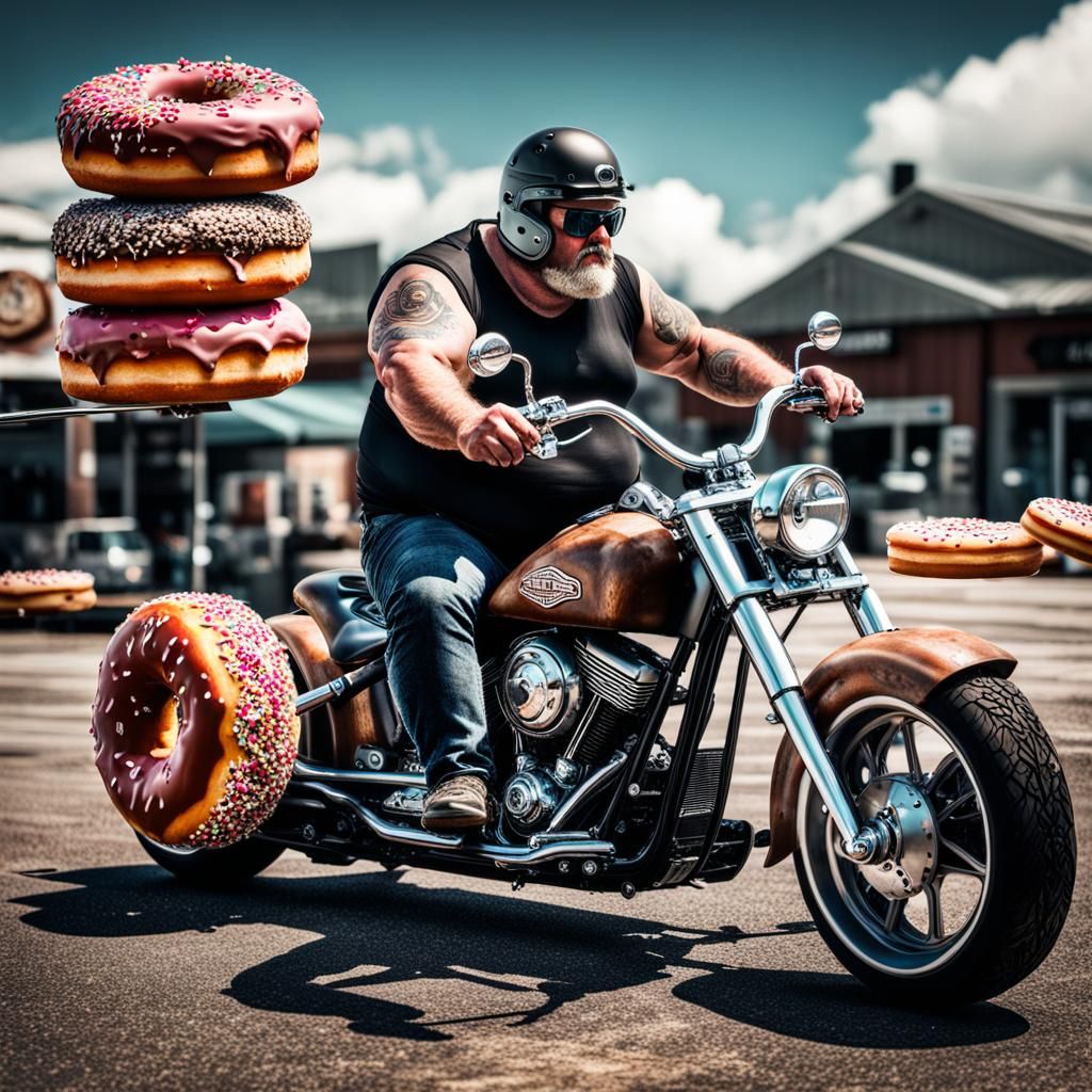 Hyperrealistic Fat Biker Eating Donuts on Chopper