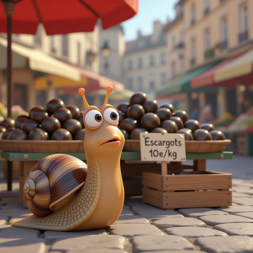 Worried Snail in French Market: 3D CGI Comic Art