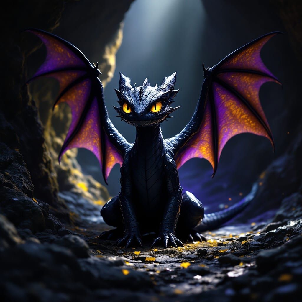 Shadow Drake with Golden Eyes in Dark Cave