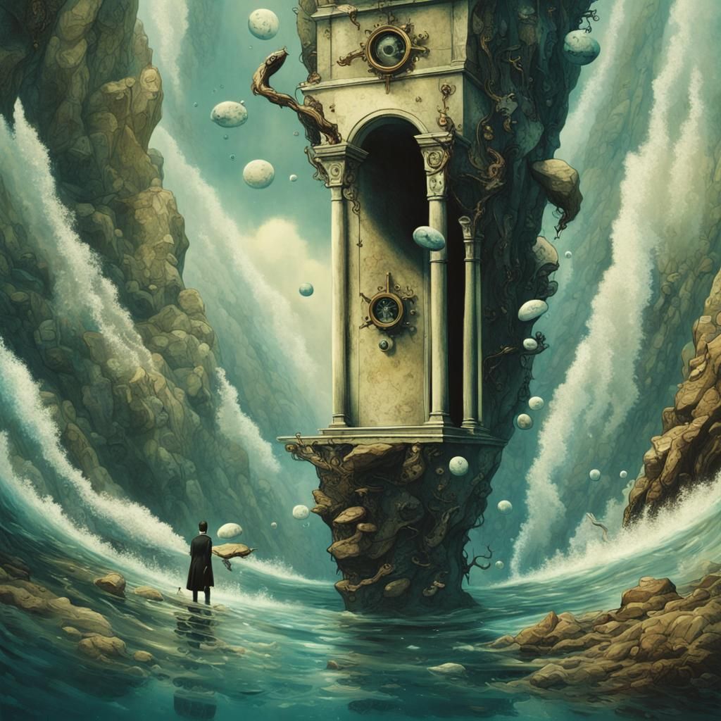 Steampunk Figure's Surreal Underwater Portal Journey