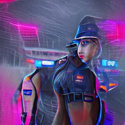 Cyberpunk Police Officer in Neon Cityscape