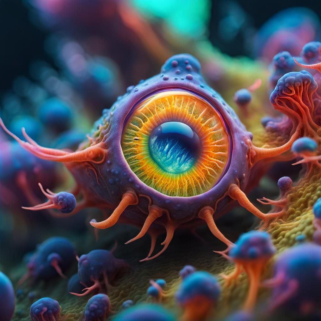 Bioluminescent Amoeba Under Microscope: Hyperdetailed Concep...