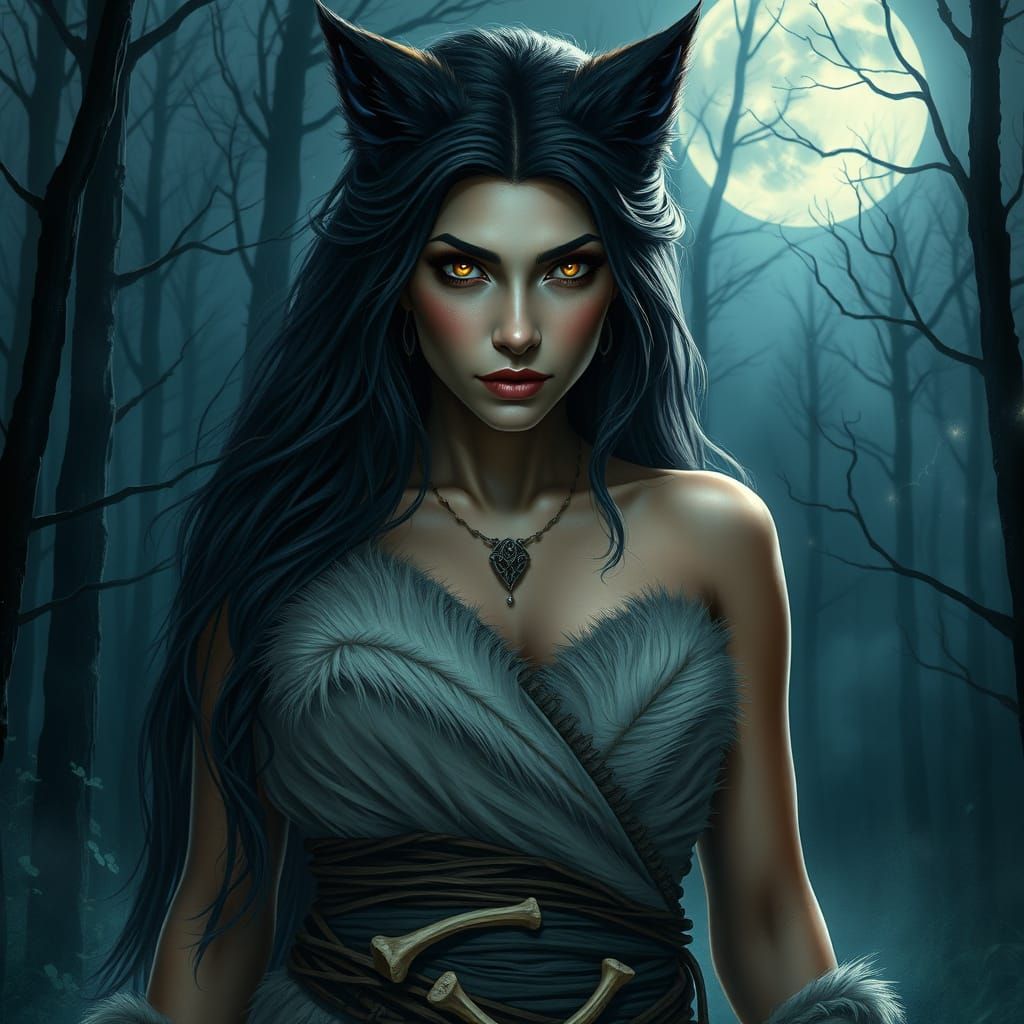Wolf-like Woman in Misty Forest, Digital Painting