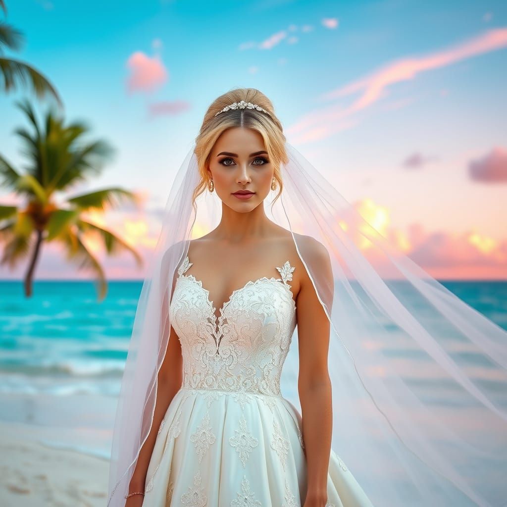 Bride on Tropical Beach at Sunset, Realistic Style