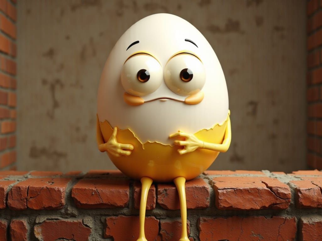 Cute Cartoon Egg Sits on Brick Wall, Slightly Cracked