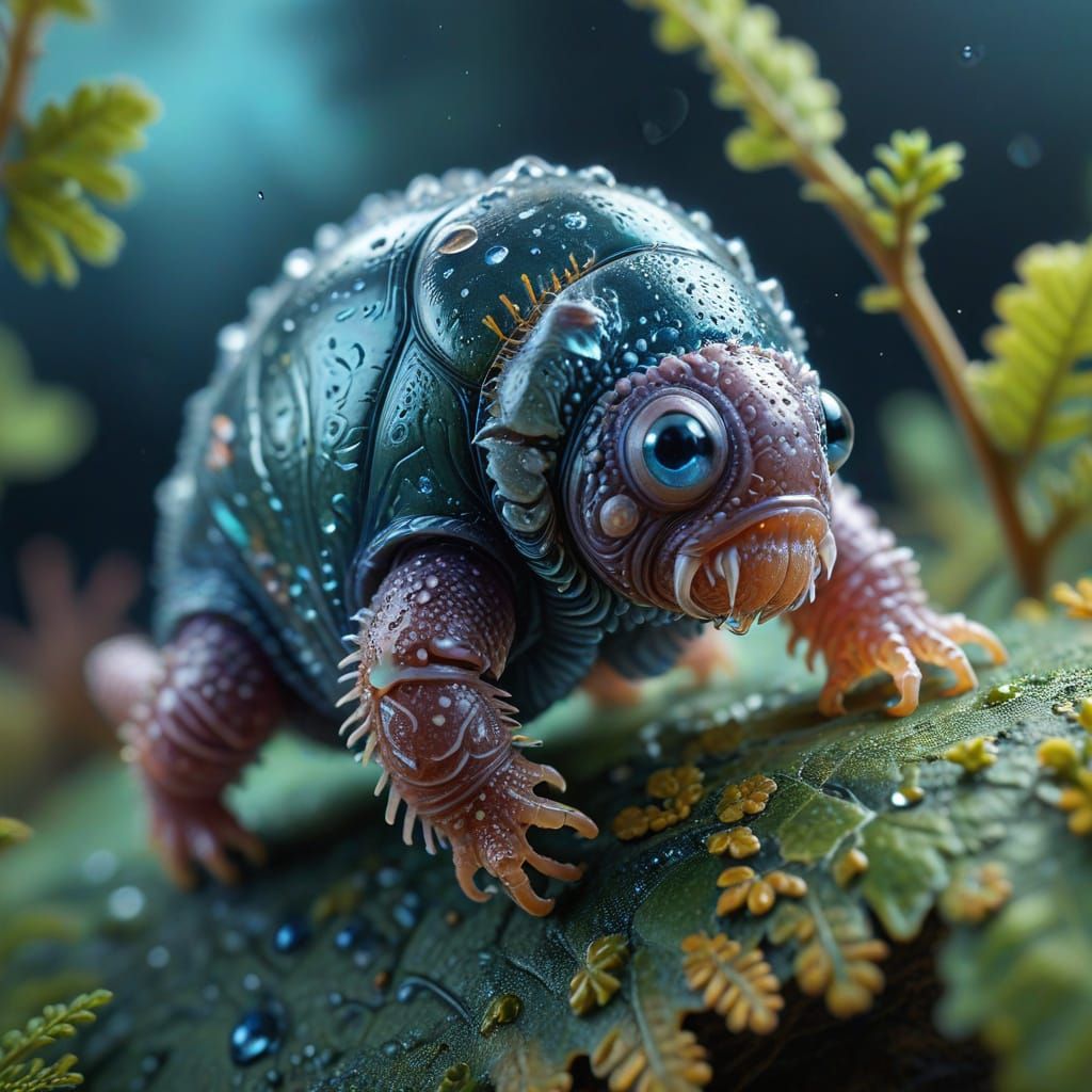 Delicate Tardigrade on a Water Droplet in Pastel Hues