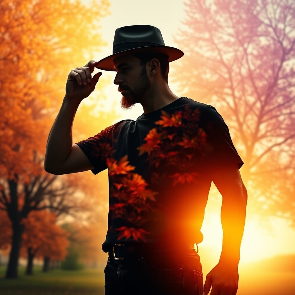 Man Tipping Fedora in Double Exposure Seasons