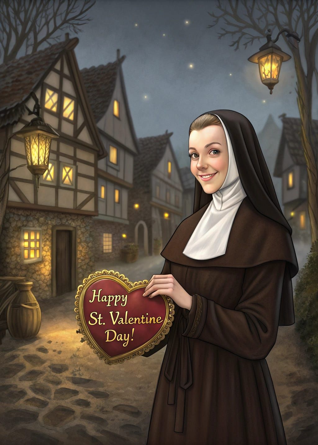 Serene Nun Celebrates St. Valentine's Day in a Quaint Mediev...