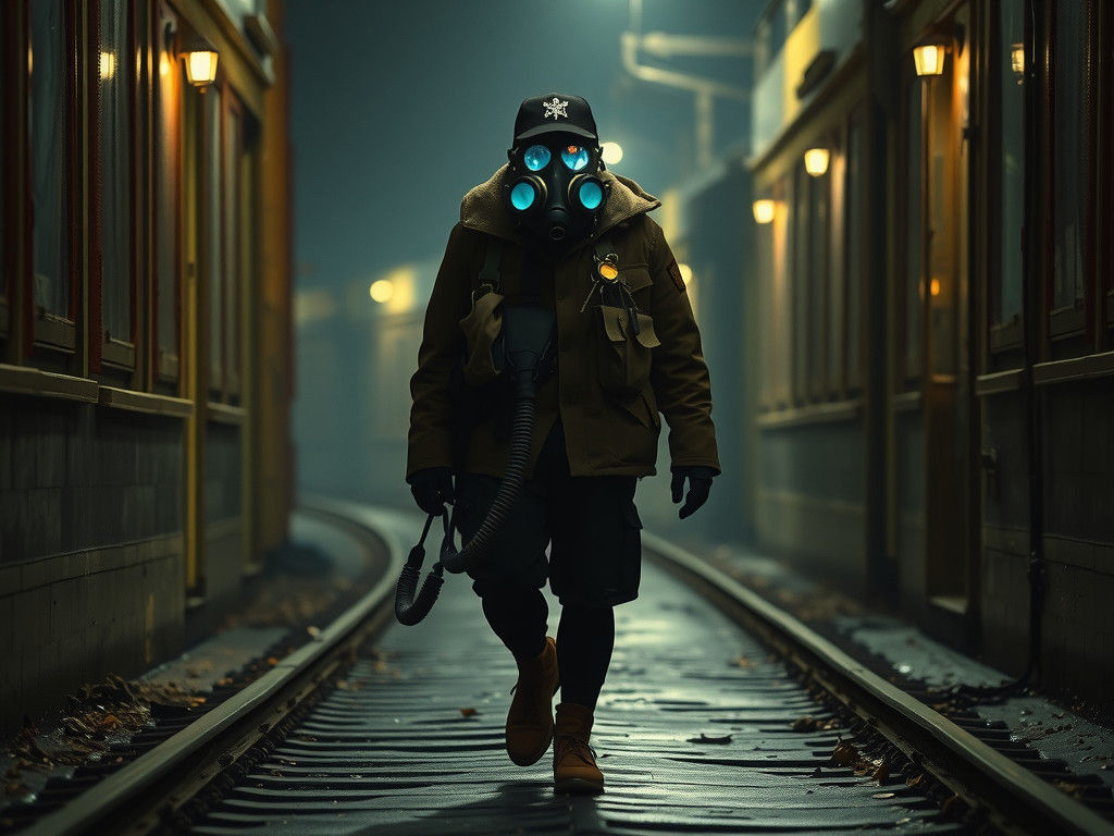 Steampunk Soldier in Trench at Night, Cinematic Still