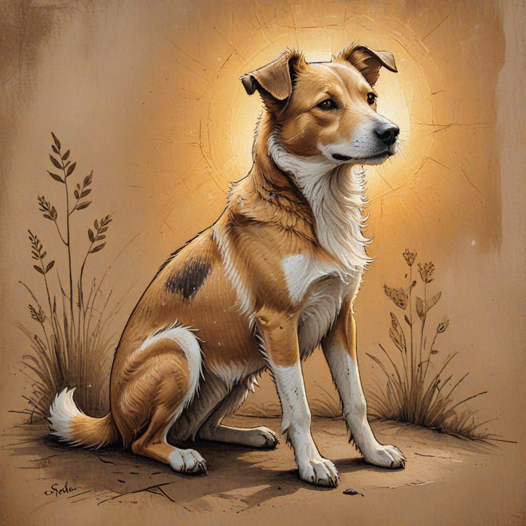 Charming Folk Art Pencil Sketch of a Stray Dog