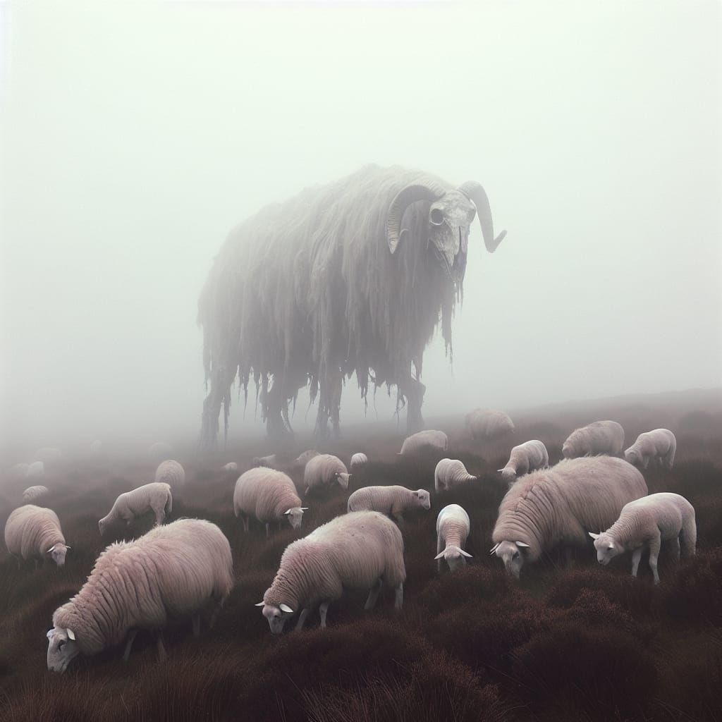 Eerie Skeletal Sheep Guardian on Misty Moorland
