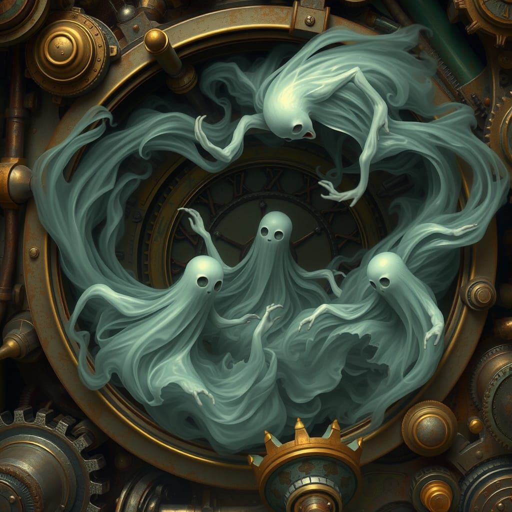 Steampunk Machine with Swirling Futuristic Ghosts