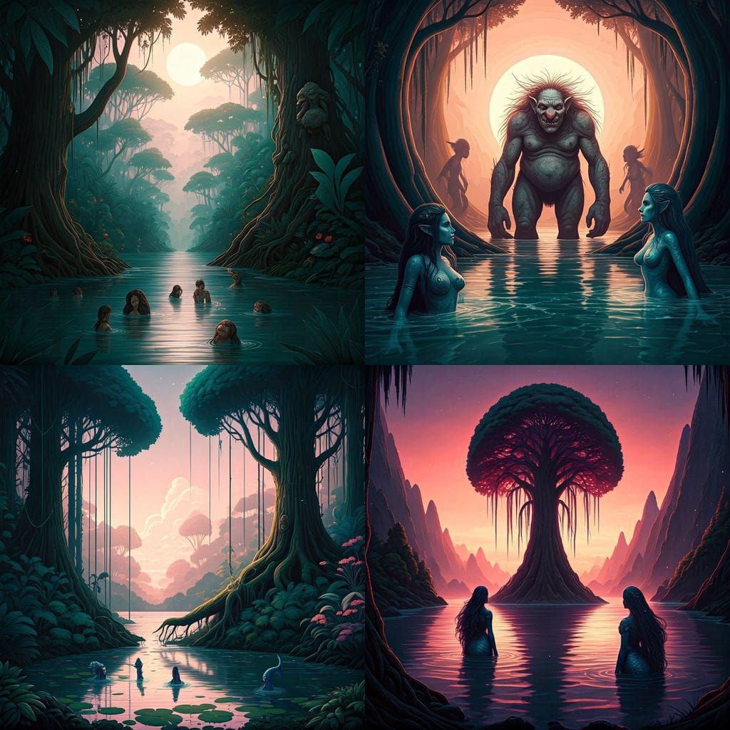 Fairytale Amazon with Troll and Pink Sky