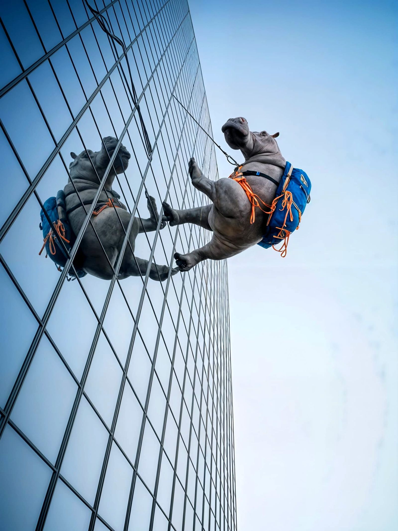 Surreal Hippo Descends Glass Skyscraper in Dramatic Rappelli...