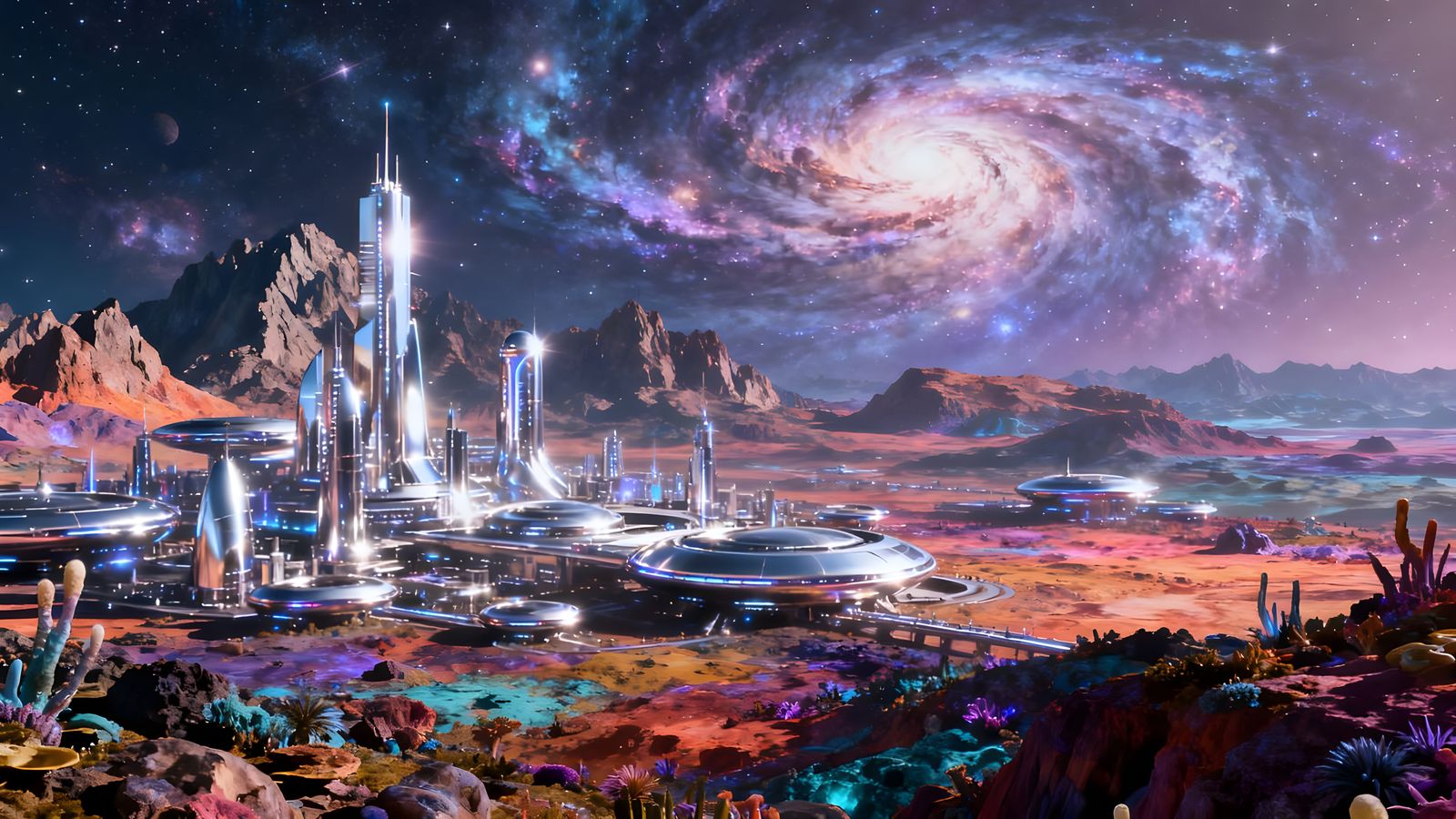 Gleaming Chrome City on Alien World Under Nebula Sky