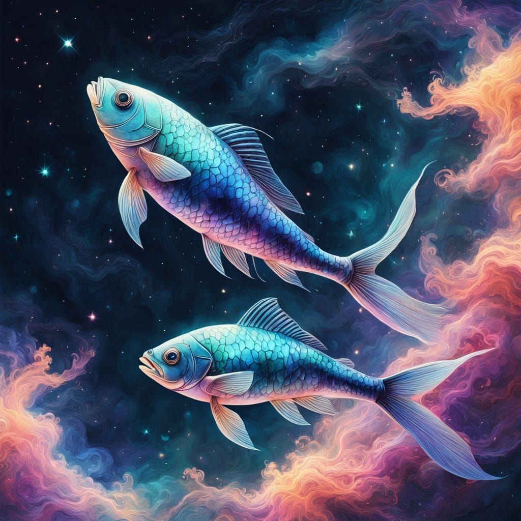 Surreal Cosmic Fish Swim Majestically Through Vibrant Nebula