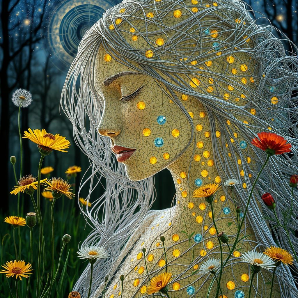 Ethereal String Woman Kissing a Garden, Bio-Art