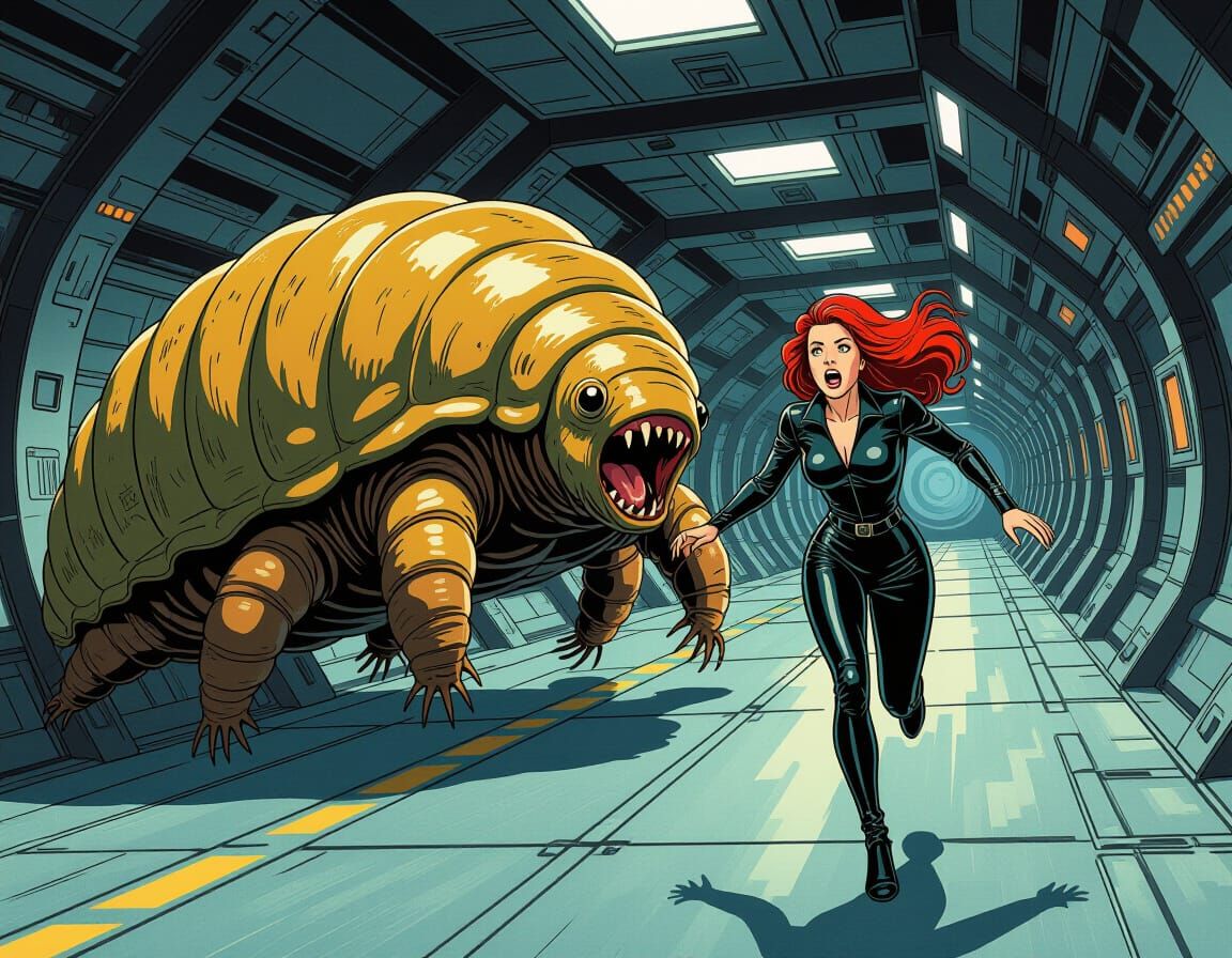 Colossal Tardigrade Chases Woman Through Spaceship Corridors