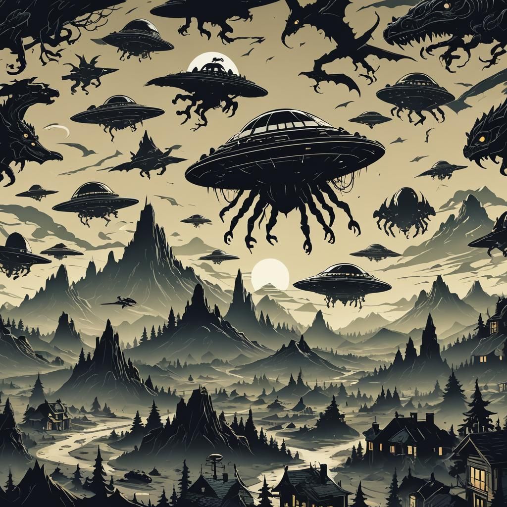 Fantasy Scene with UFO and Mythical Creatures