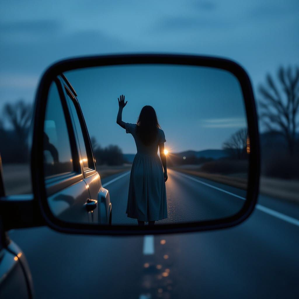 Night Truck Mirror Reflection of Pale Woman Waving