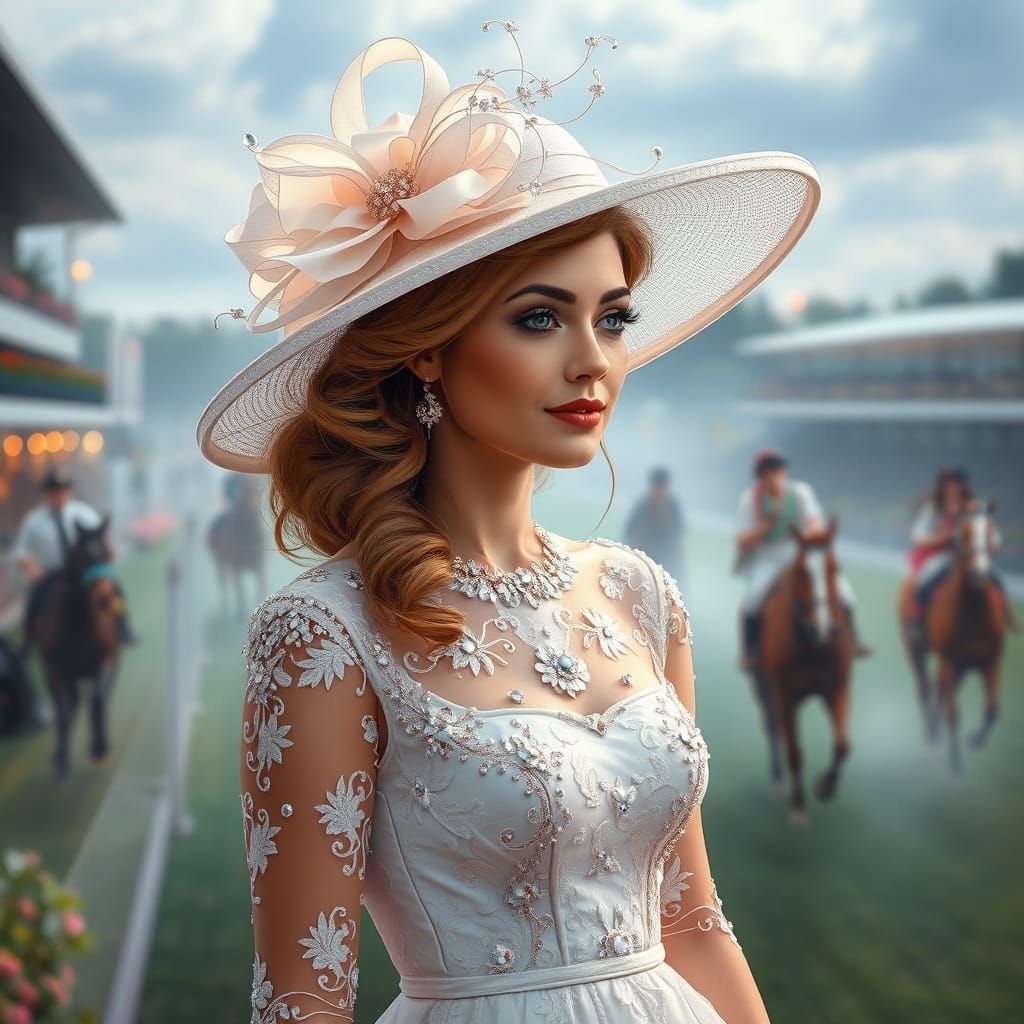 a lady with an Ascot hat in a delicate, luxurious silk dress made of the finest white lace and rhinestones. In the backg...