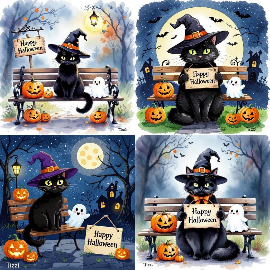 Black Cat in Witch Hat on Halloween Bench with Pumpkins
