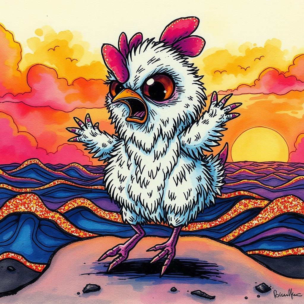 Grumpy Alien Chicken Line Drawing in an Abstract Landscape