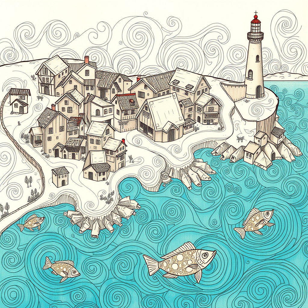 Fantastical Coastal Village Doodles in Art Nouveau Style