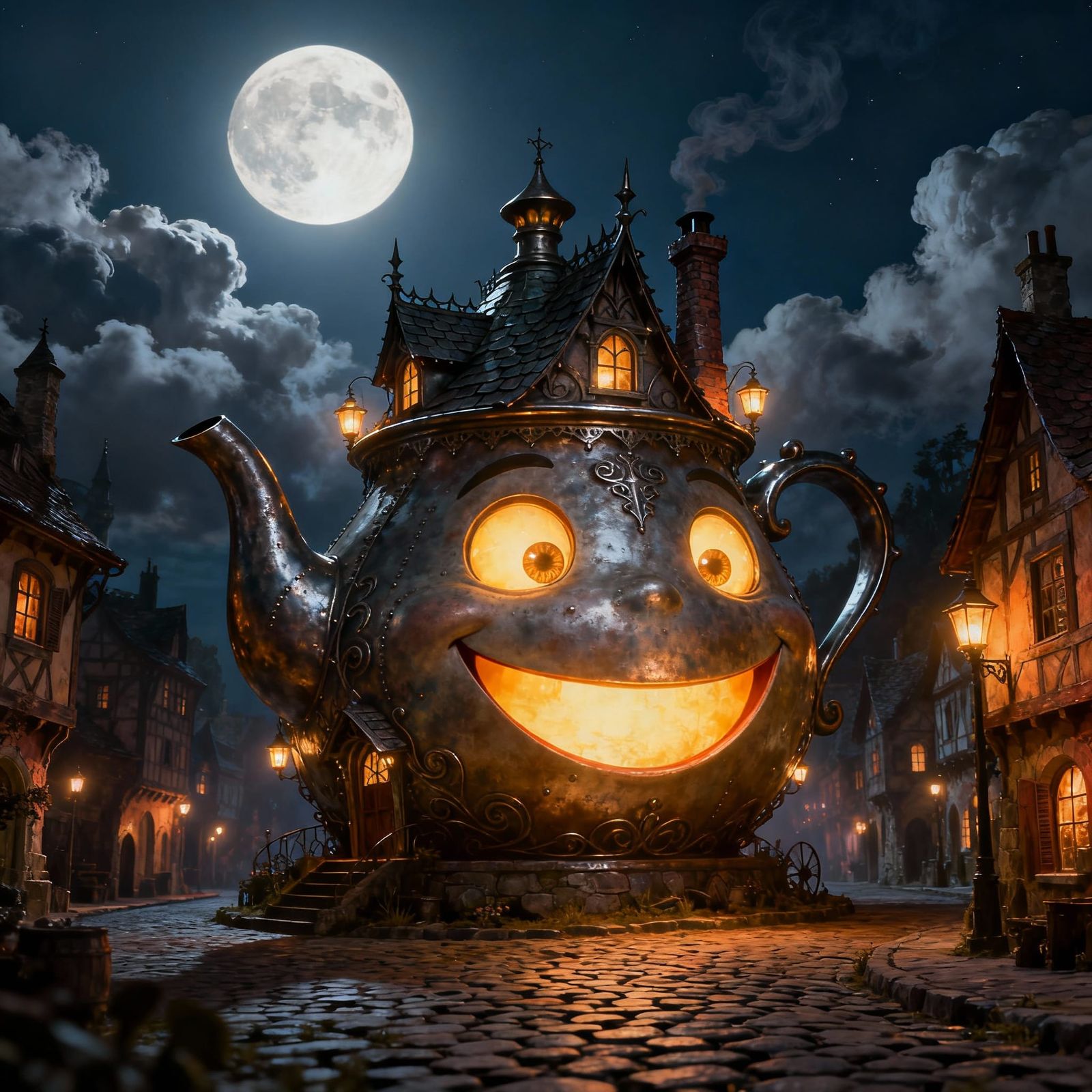 Whimsical Teapot House on Moonlit Medieval Street