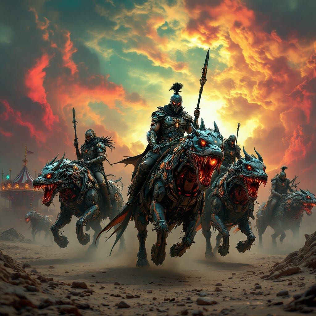 Ancient Futuristic Warriors Ride Cybernetic Hell Hounds Amid...