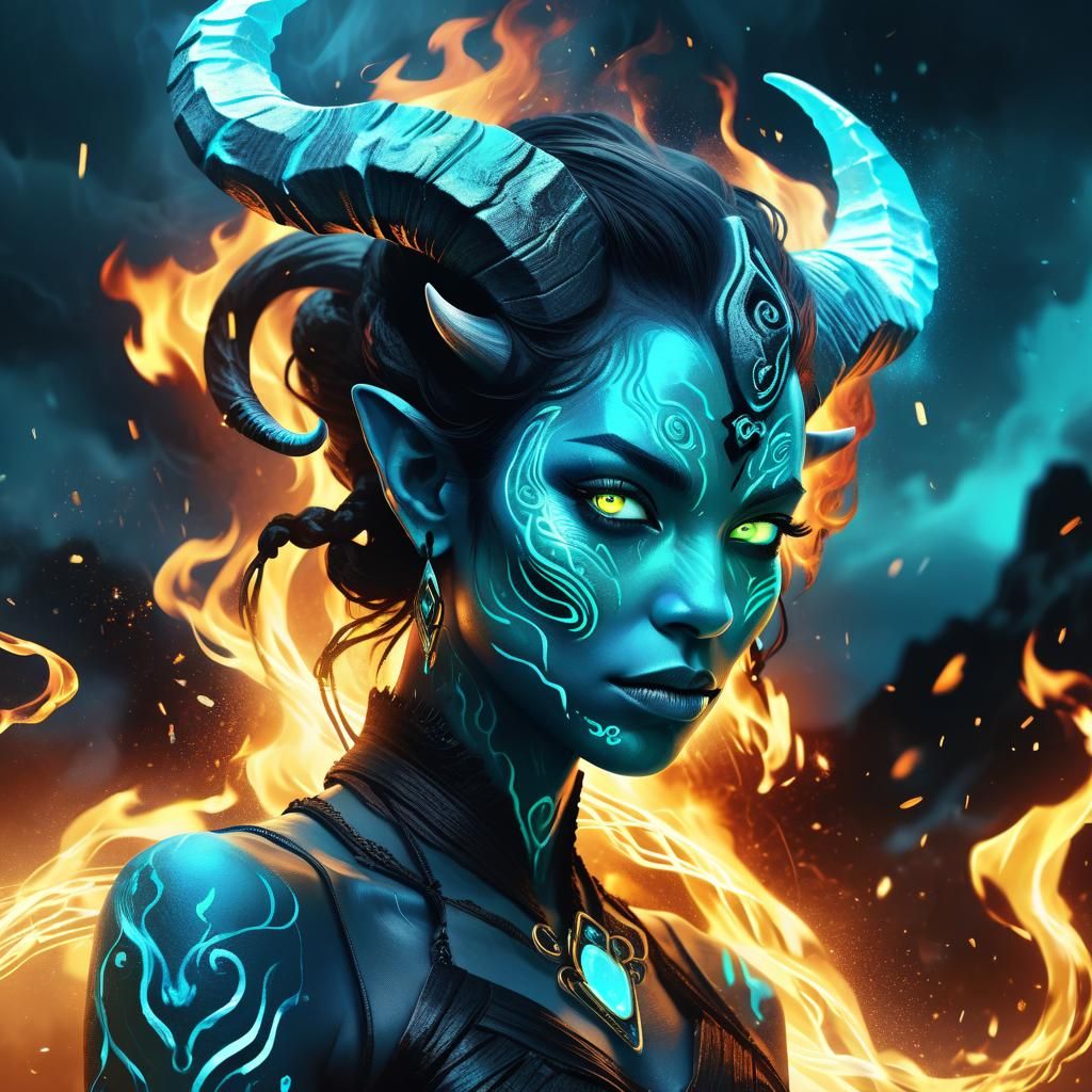 Cyan Elemental Tiefling in Contemporary Fantasy Style