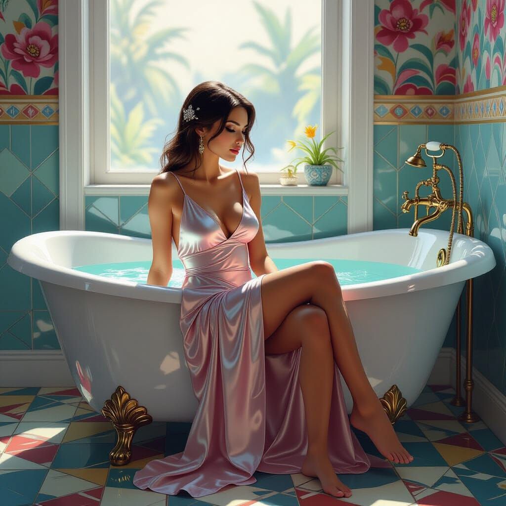 Woman in Satin Nightie Bathes in Art Deco Tub