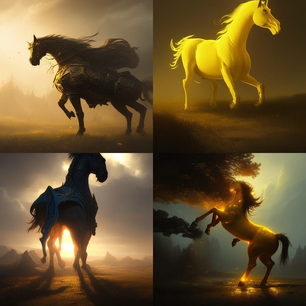 Giant Glowing Yellow Horse in Dark Fantasy Style