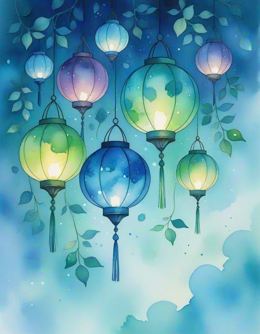 Whimsical Lanterns in Watercolor Splash Art