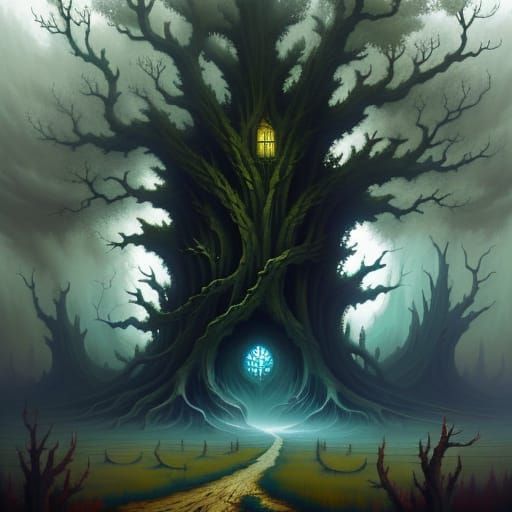 Ancient Gnarled Oak Tree Sways in Gentle Breeze