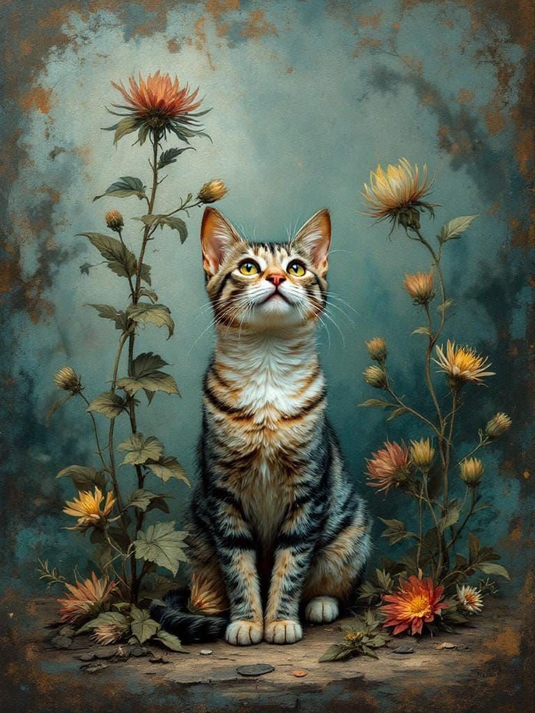 Adorable Cat Under Flower in Vintage Patina Style